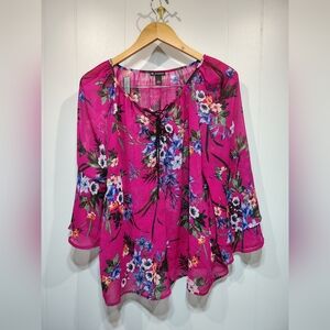 New Directions Pink Floral Boho Blouse Bell Sleeve Tie Neck Top Size L
